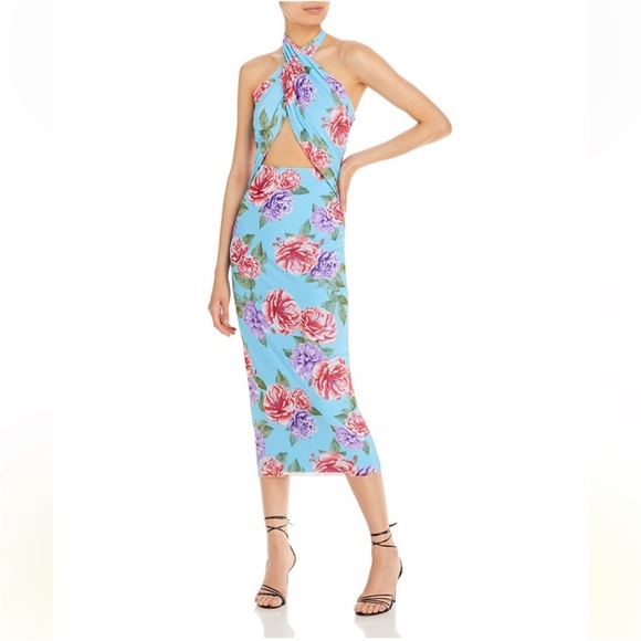 NWT AFRM ‘Tana’ Halter Midi Dress Size Large Blue & Pink Mesh Floral - Picture 1 of 7